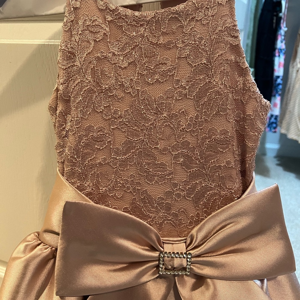 Charming Lace & Satin Kids Dress with Bow - champagne
